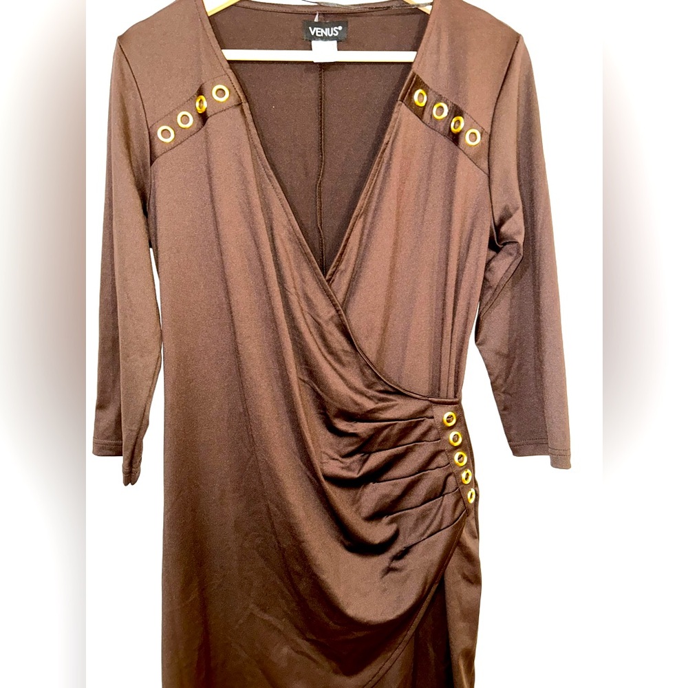 Venus faux wrap ruched dress with gold accents